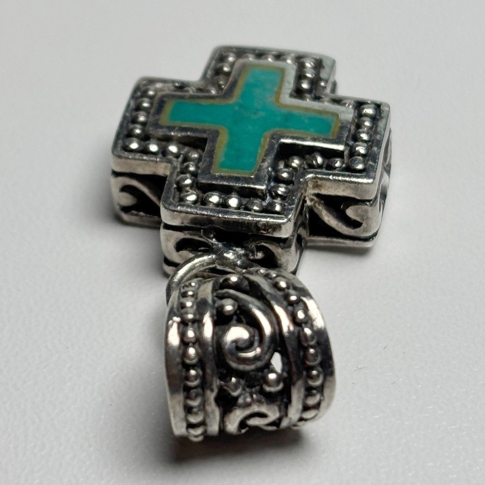 Sterling Silver and Turquoise Inlay Greek Cross Pendant - Picture 4 of 7